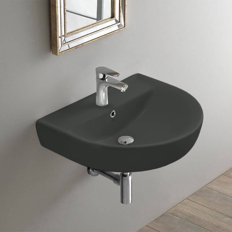 Bathroom Sink, CeraStyle 003109-U-97-One Hole, Round Matte Black Ceramic Wall Mounted Sink